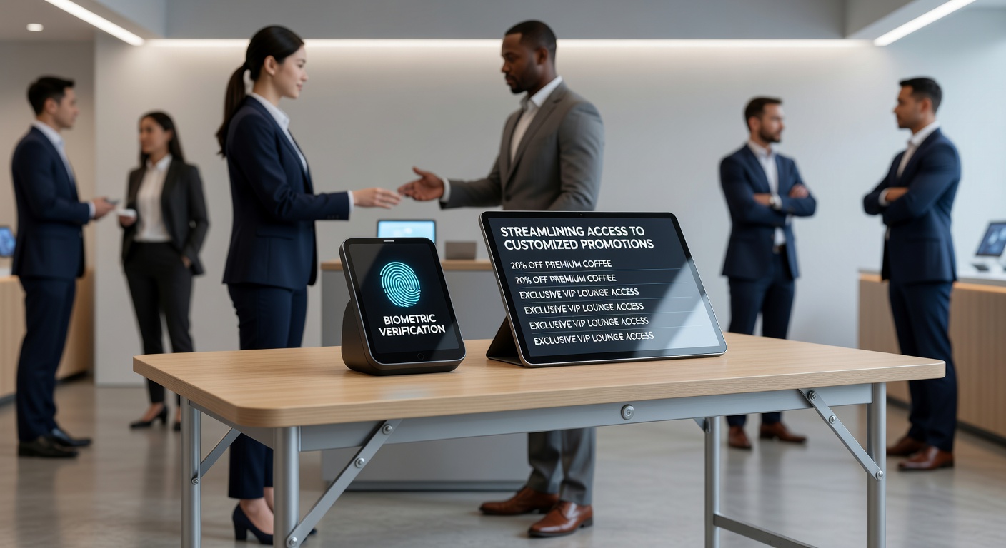 Portable table with integrated biometric scanner displaying personalized promotion options