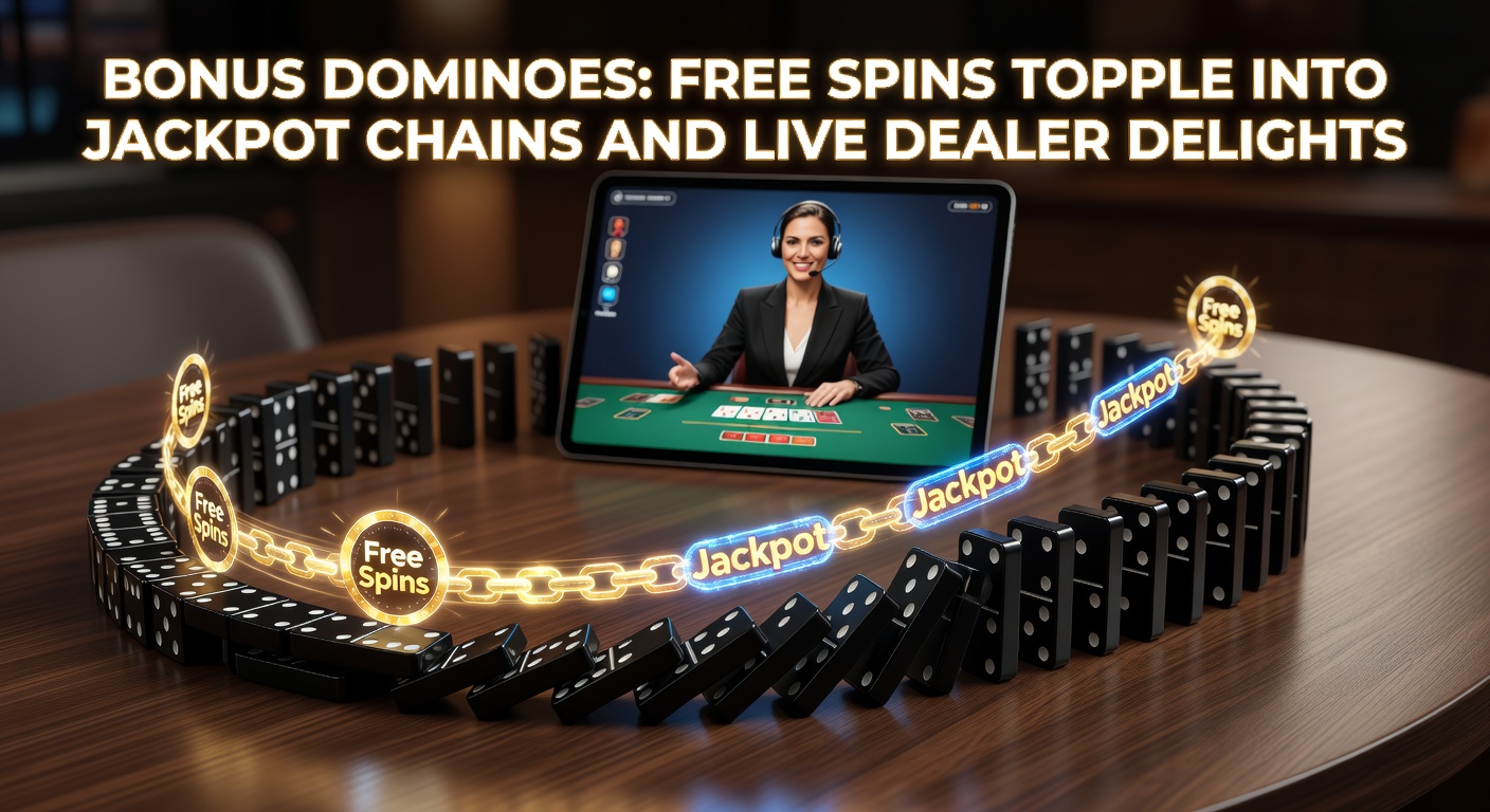 Vibrant illustration of cascading dominoes representing free spins leading to jackpot wins in a lively casino setting