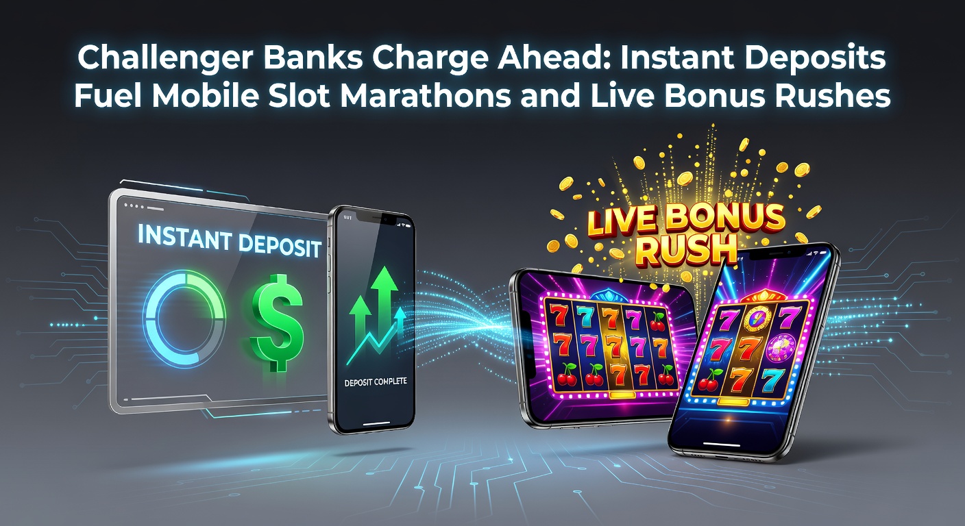 Smartphone screen displaying a challenger bank app with instant deposit confirmation to a mobile casino slot game, highlighting seamless transaction speed