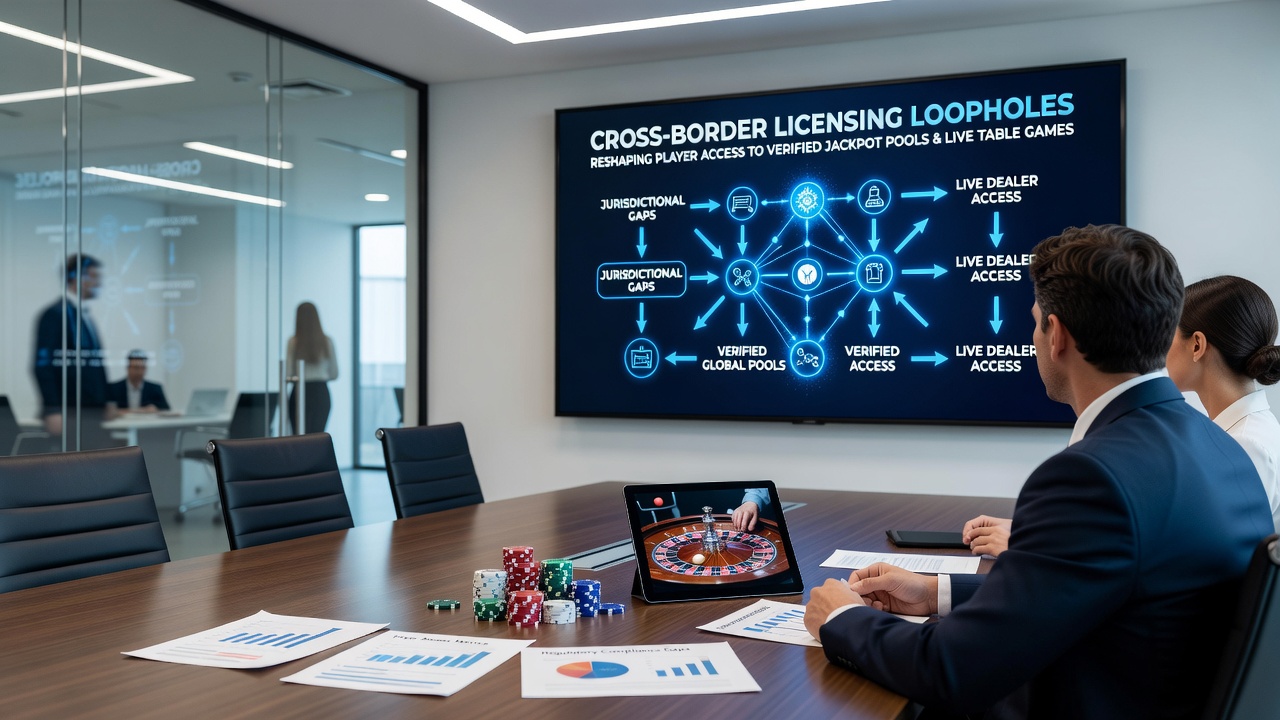 Diagram of live dealer table promotions flowing through multiple licensing jurisdictions and player access points