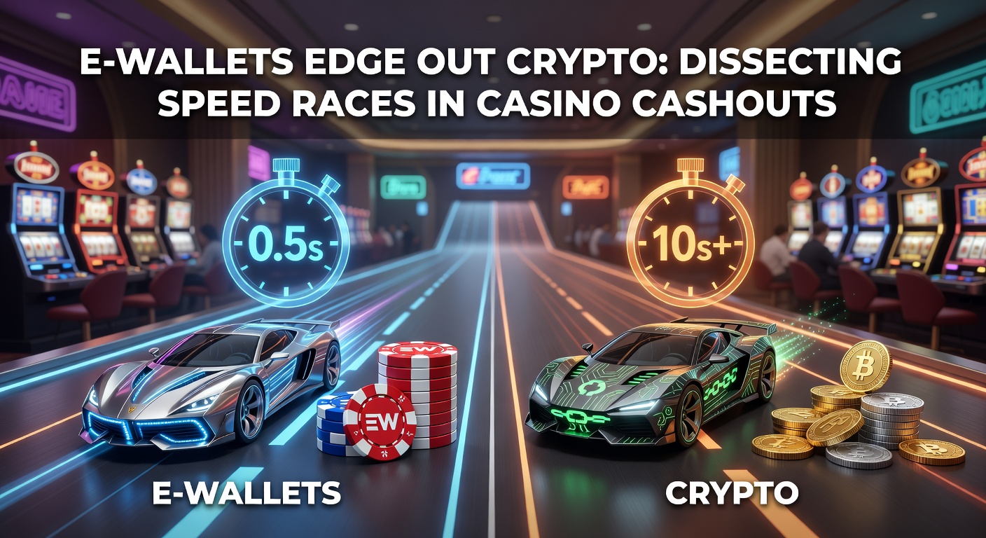 Digital wallet icons racing against cryptocurrency symbols on a casino-themed track, highlighting speed comparisons in cashouts