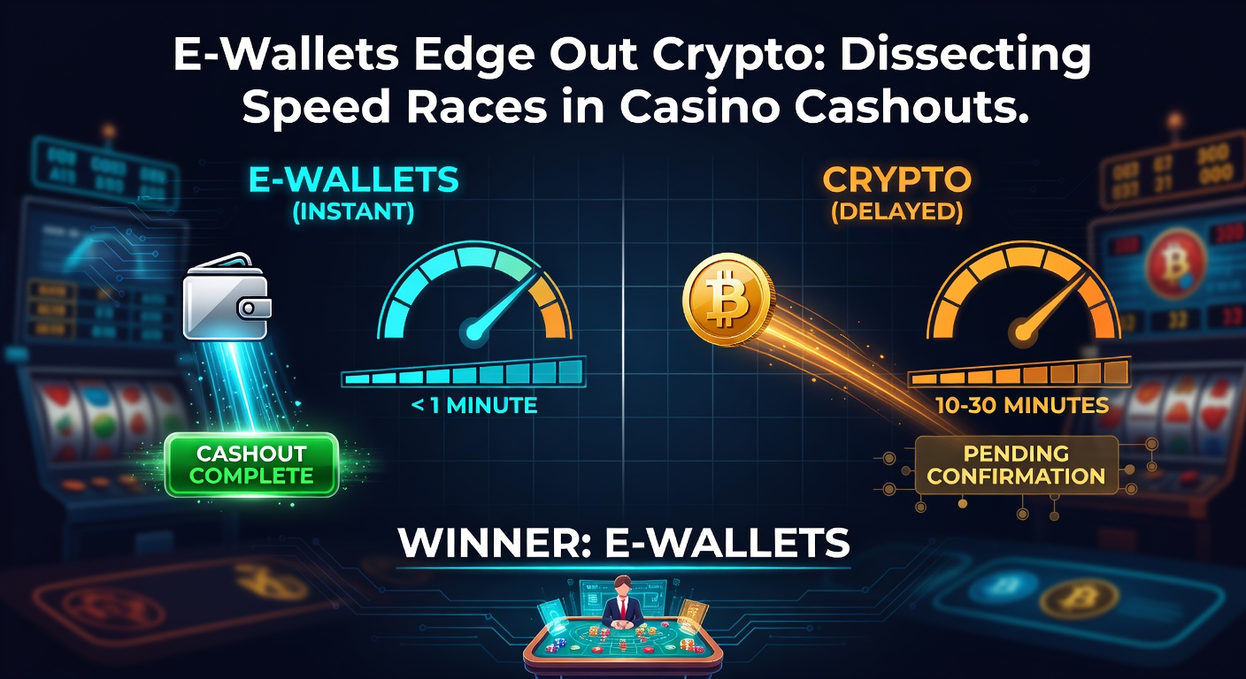 Graph comparing e-wallet and crypto withdrawal times, with bars showing e-wallets in green far ahead of red crypto bars in a casino payout race