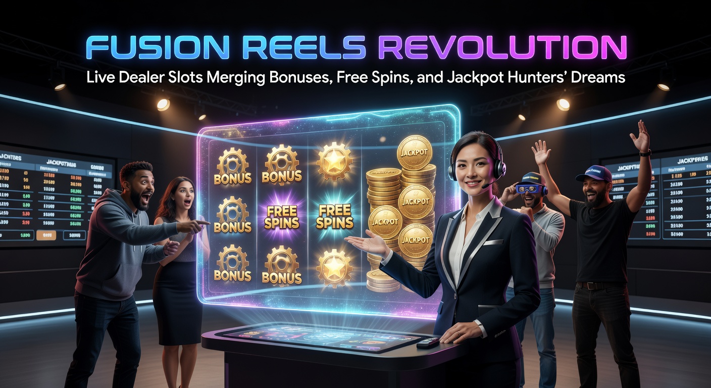 Vibrant live dealer hosting a fusion reels slot game with spinning reels, bonus wheels, and jackpot counters glowing in the background