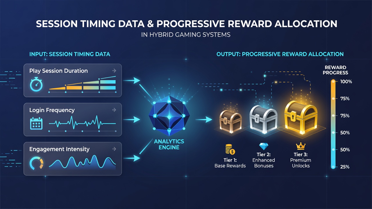 Data visualization charts showing session length distributions and corresponding progressive reward allocations