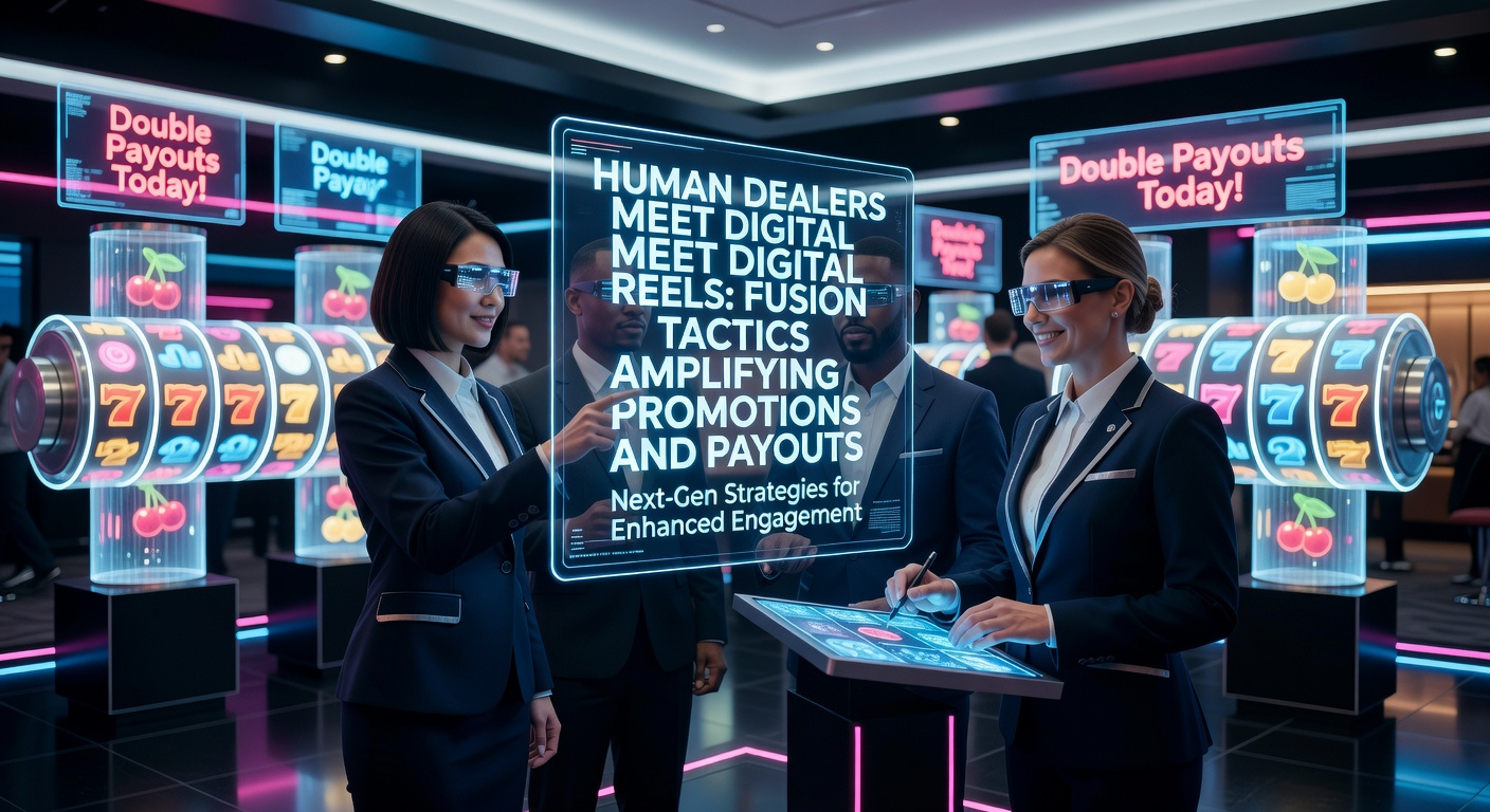 A live dealer interacting with digital slot reels on a vibrant casino screen, showcasing hybrid game fusion