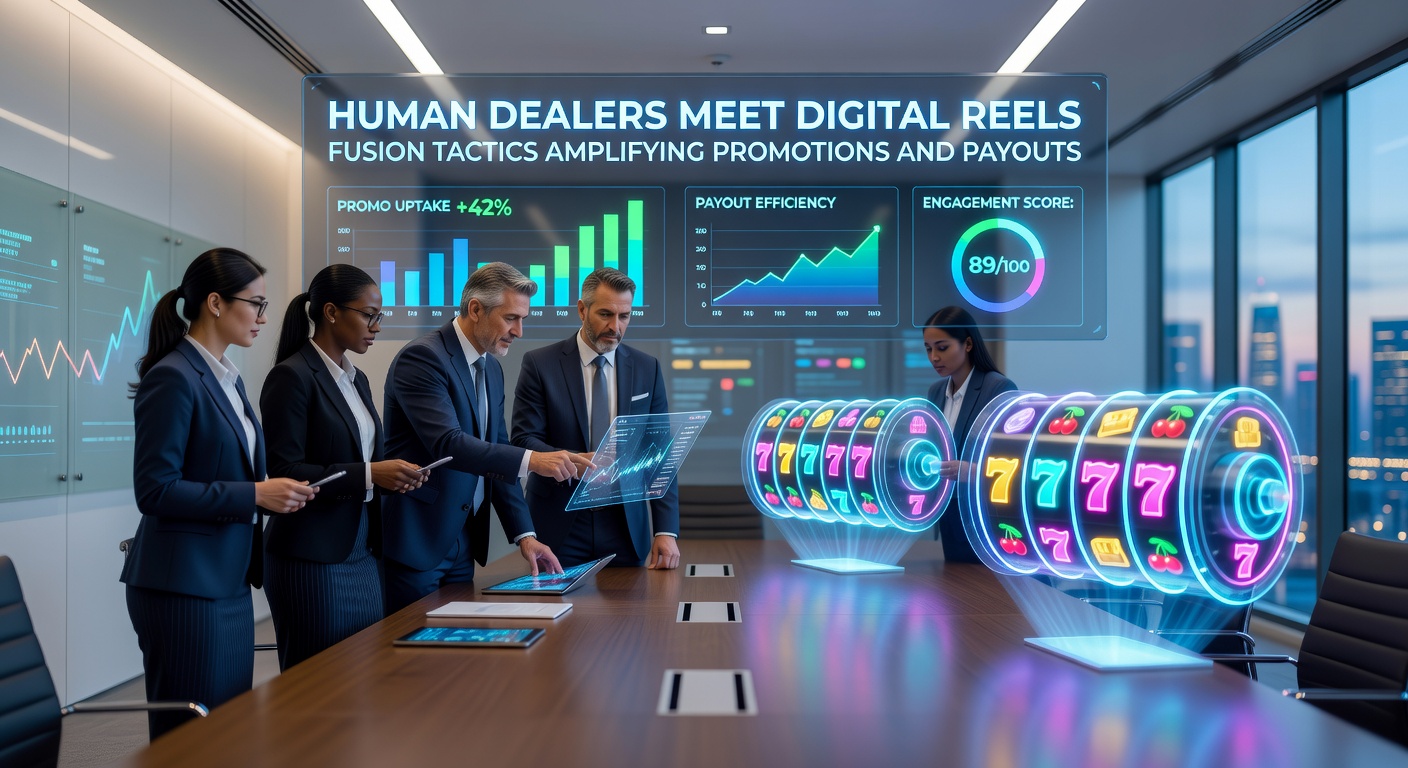 Dynamic hybrid casino interface with a dealer pulling a slot lever beside glowing digital reels and bonus promotions