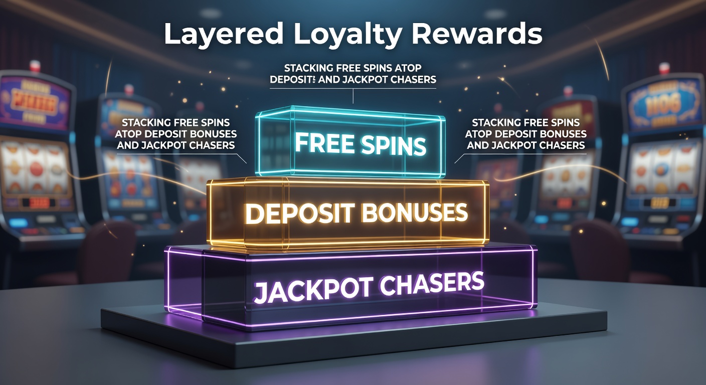 Visual representation of layered loyalty rewards showing stacked icons for deposit bonuses, free spins, and jackpot symbols in a vibrant casino interface