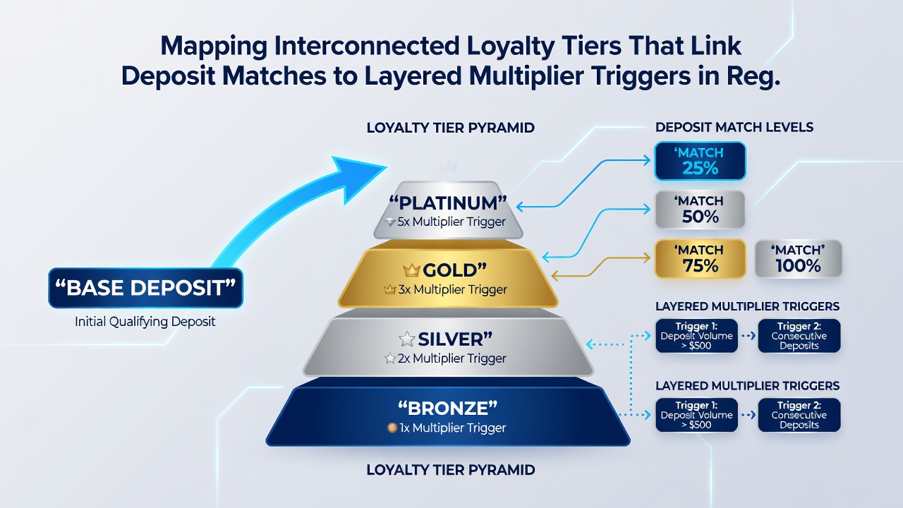 Flowchart illustrating how deposit matches connect through loyalty tiers to activate layered multipliers in mobile app environments