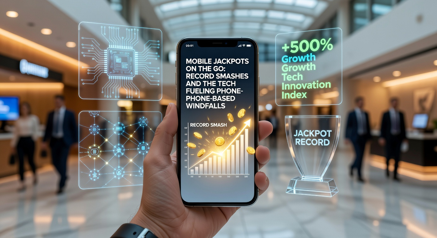 Close-up of smartphone displaying a progressive jackpot meter climbing rapidly, with 5G icons and AR elements overlayed