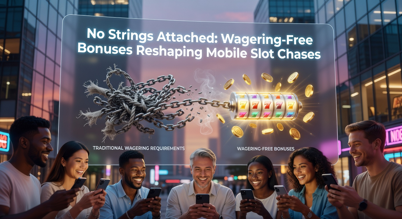 Player holding smartphone with slot jackpot win from a no wagering bonus, coins spilling out digitally