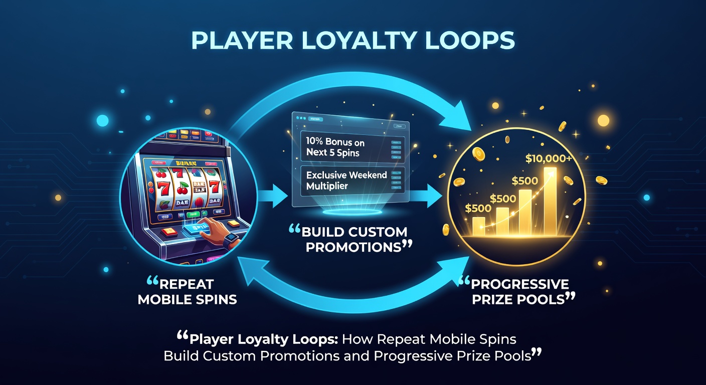 Mobile phone screen displaying a vibrant slot game with loyalty points accumulating during repeated spins, highlighting custom promotions and rising prize pools in the background