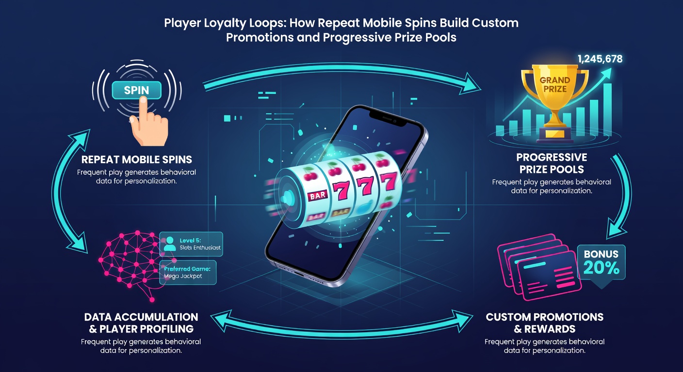 Graph illustrating the growth of a progressive jackpot pool fueled by thousands of mobile spins, with overlaid icons of custom loyalty promotions unlocking at key milestones