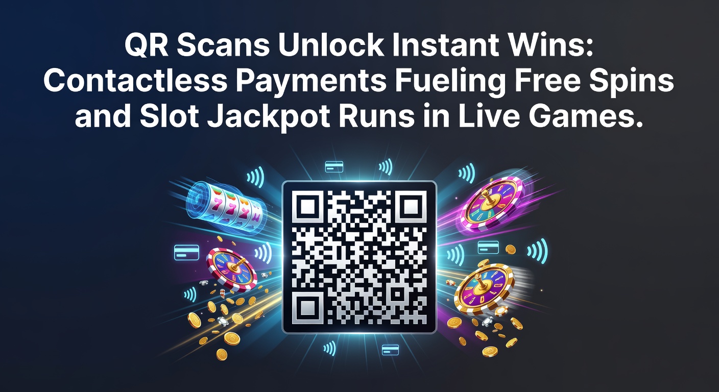 Smartphone displaying QR code scan for instant casino deposit, with slot reels and jackpot counters glowing in the background