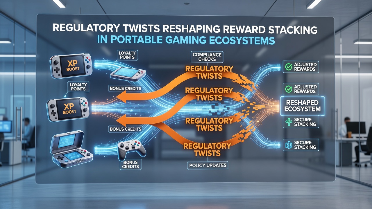 Portable device displaying layered bonus structures and regulatory compliance indicators during a gaming session