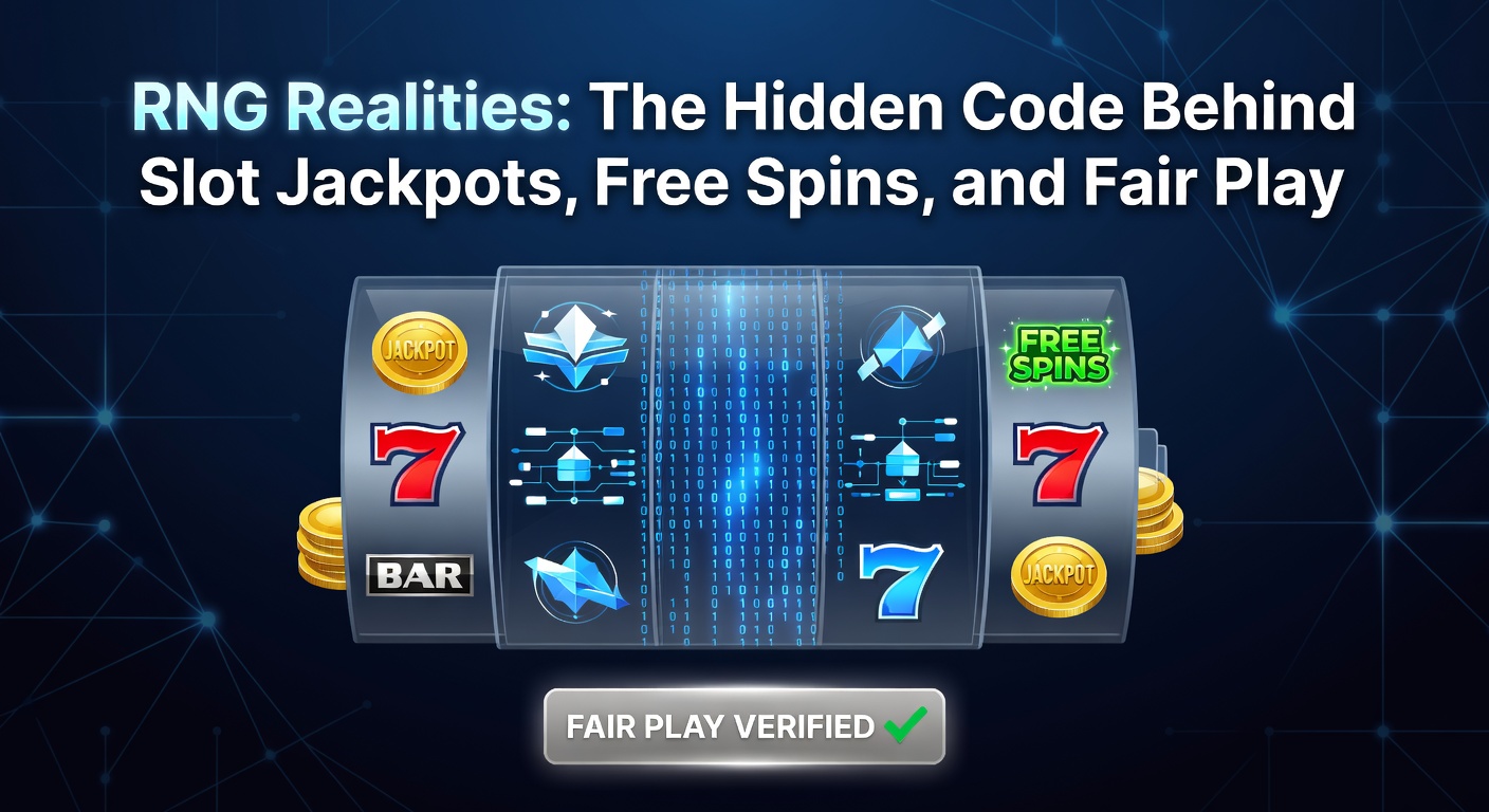 Digital visualization of RNG algorithms generating random slot outcomes, with glowing code streams and spinning reels