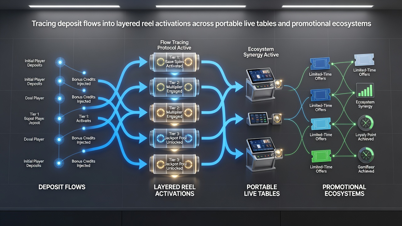 Diagram showing deposit flows entering mobile live casino platforms and triggering multi-layered reel activations
