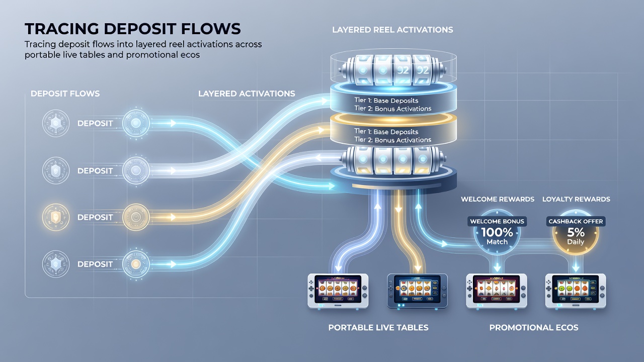 Illustration of promotional bonus layers connecting deposits to reel activations in live mobile casino settings