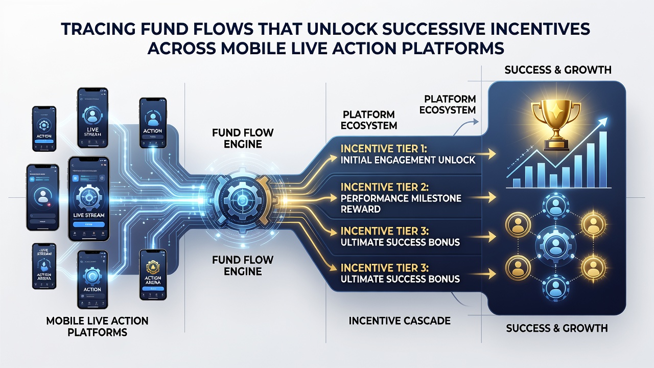 Flowchart illustrating successive incentive triggers across mobile live platforms with highlighted transaction nodes