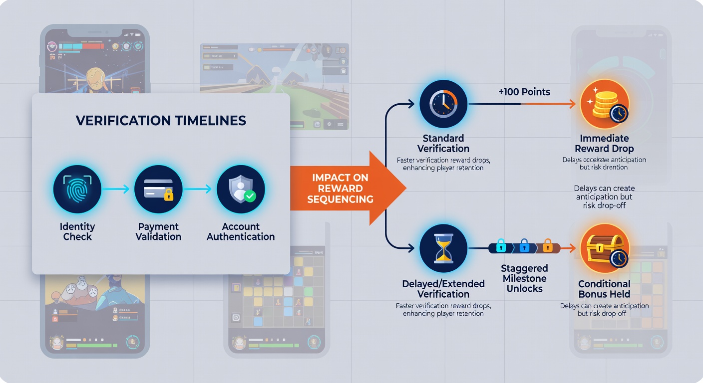 Diagram of reward sequencing flow interrupted by verification checkpoints in mobile games